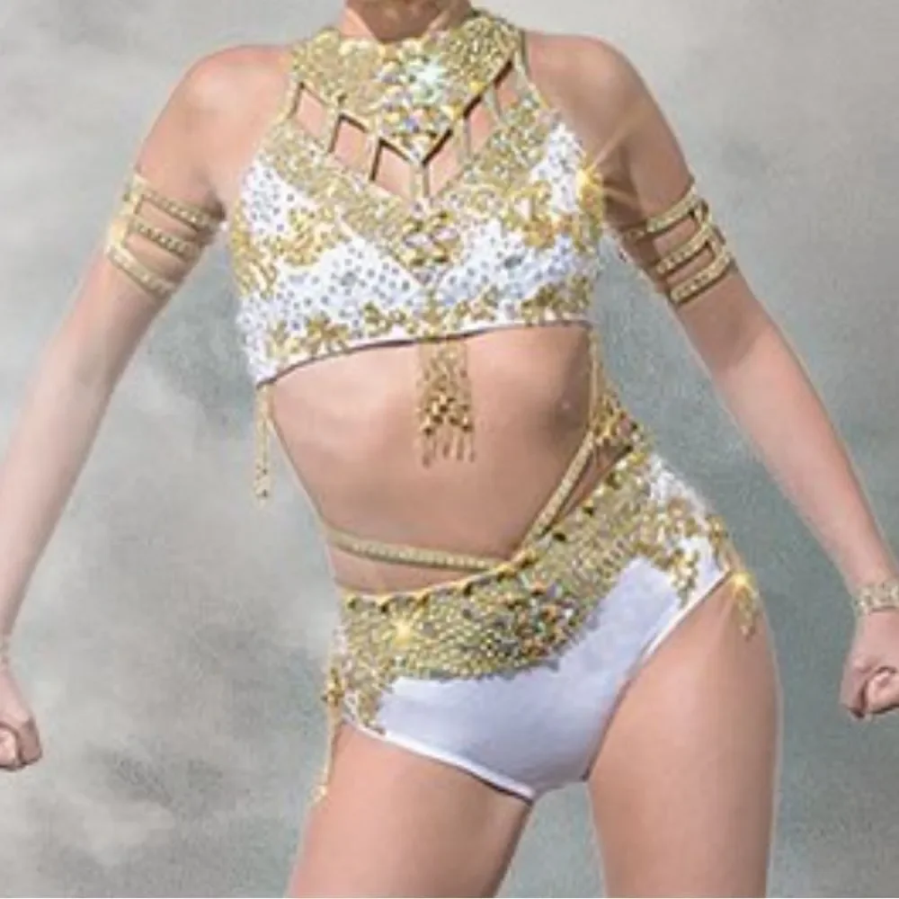 Glamour solo dance costume 2 piece style black gold greek goddess MA-Medium